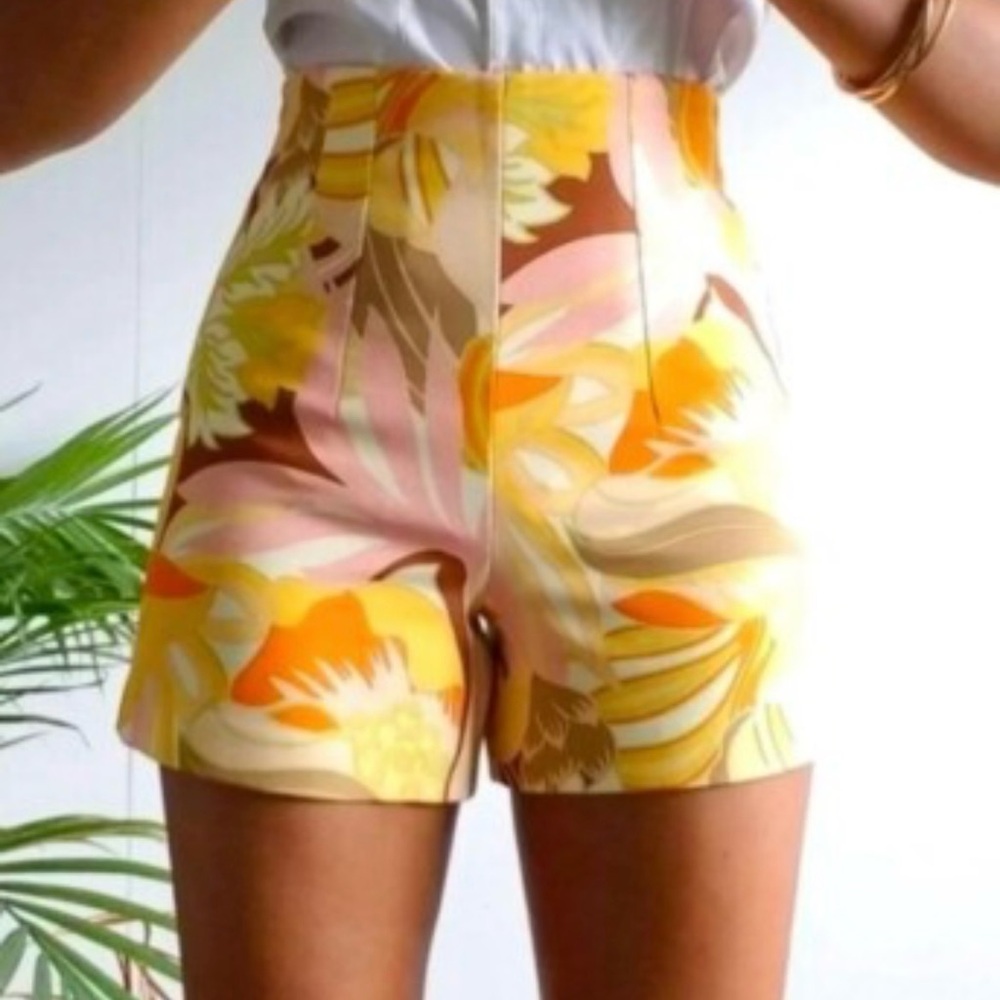 Zara High Waist Floral Shorts in Yellow, Orange, Pink, Brown